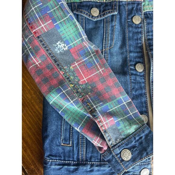 GAP Girls Patchwork Denim Jacket Size Medium Floral Plaid Button Up Jean Coat - Picture 3 of 9